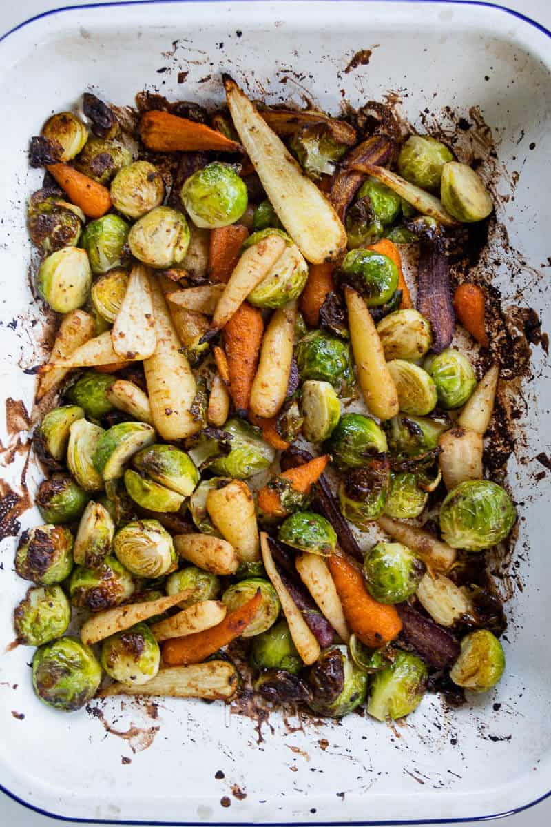 tray of roasted brussel sprouts and carrots