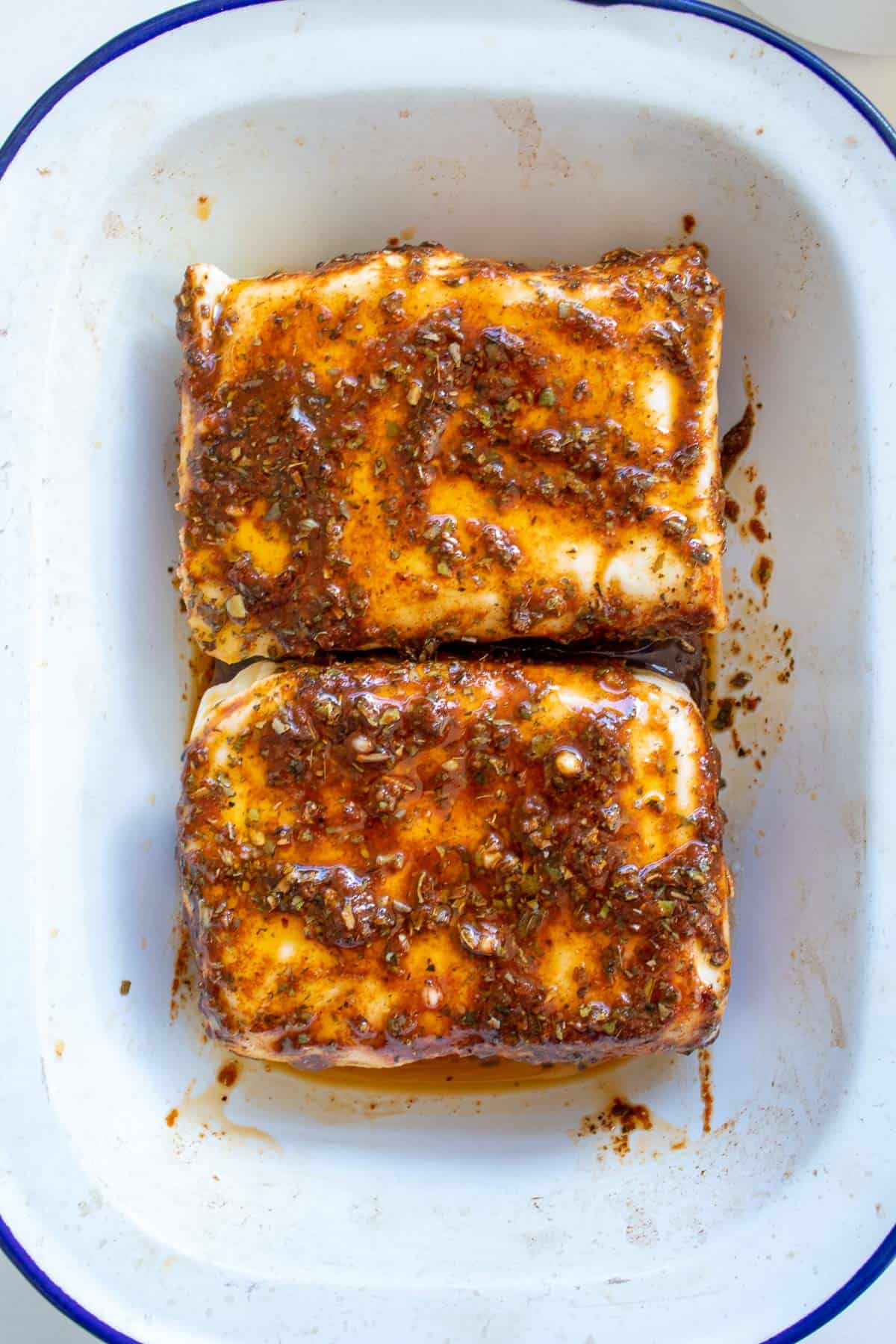 gyros style marinated halloumi in a dish