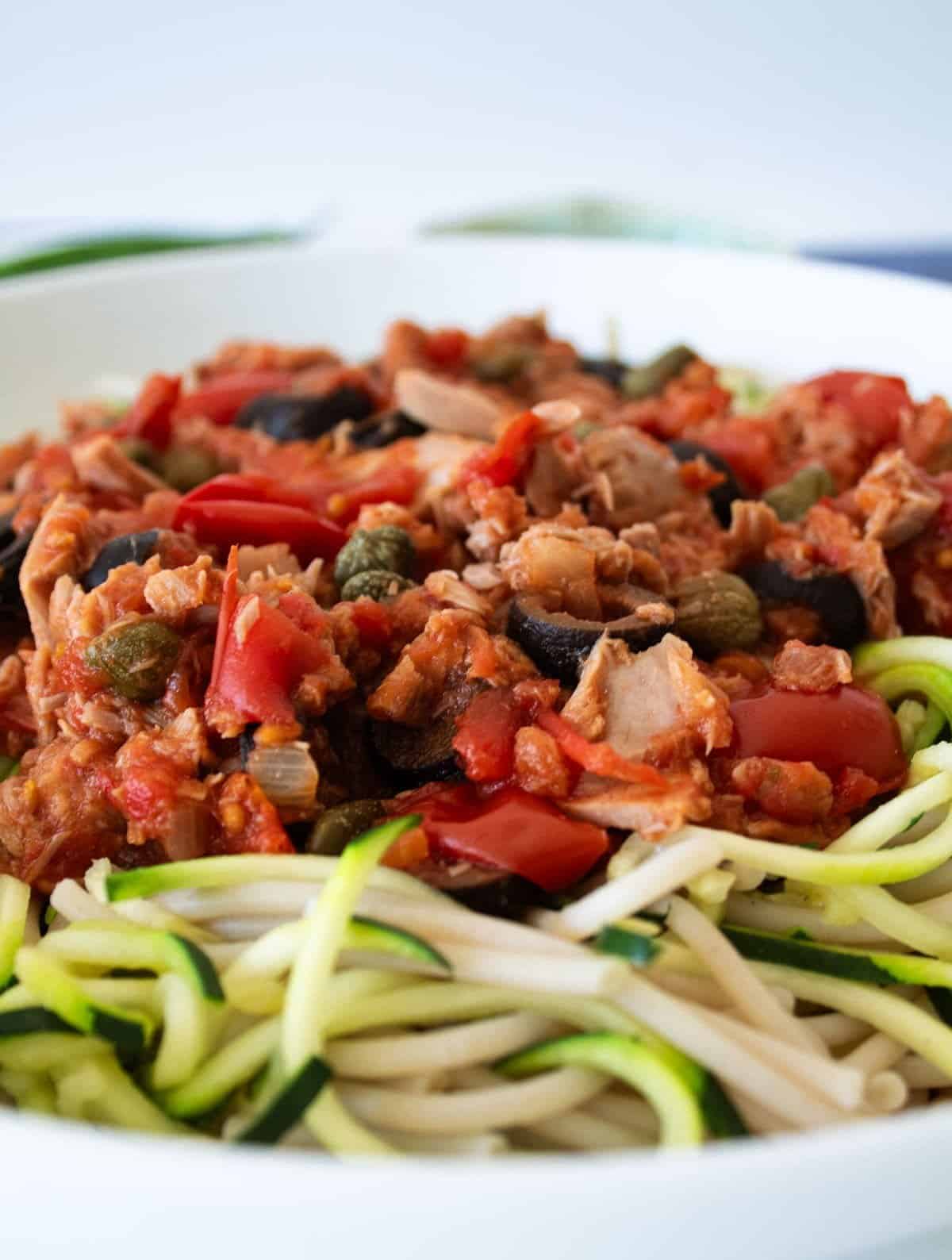 bowl of tuna spaghetti bolognese