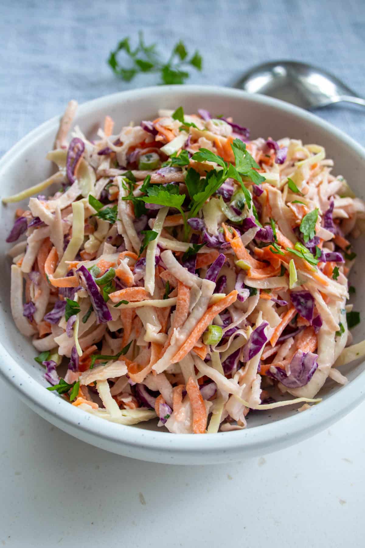 a bowl of rainbow coleslaw with a spoon in the background