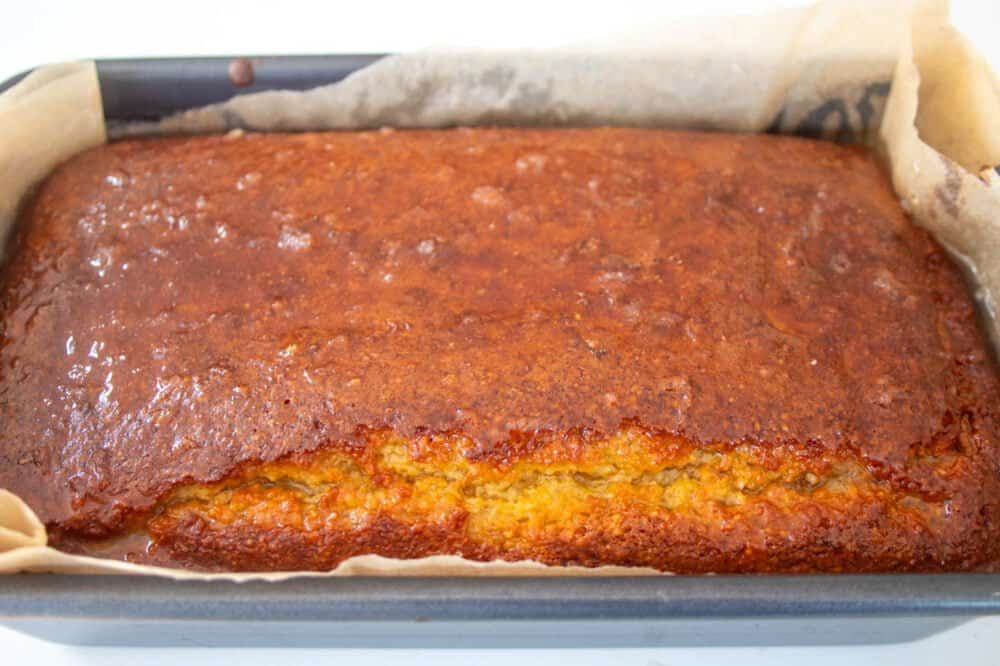 sugar free lemon drizzle cake in a loaf tin