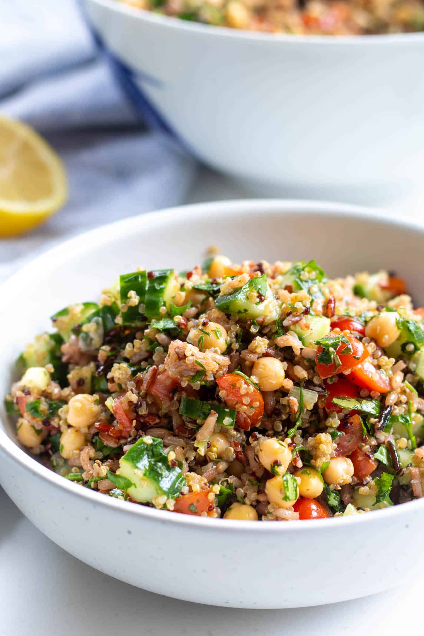 colourful brown rice and quinoa salad in a bowl