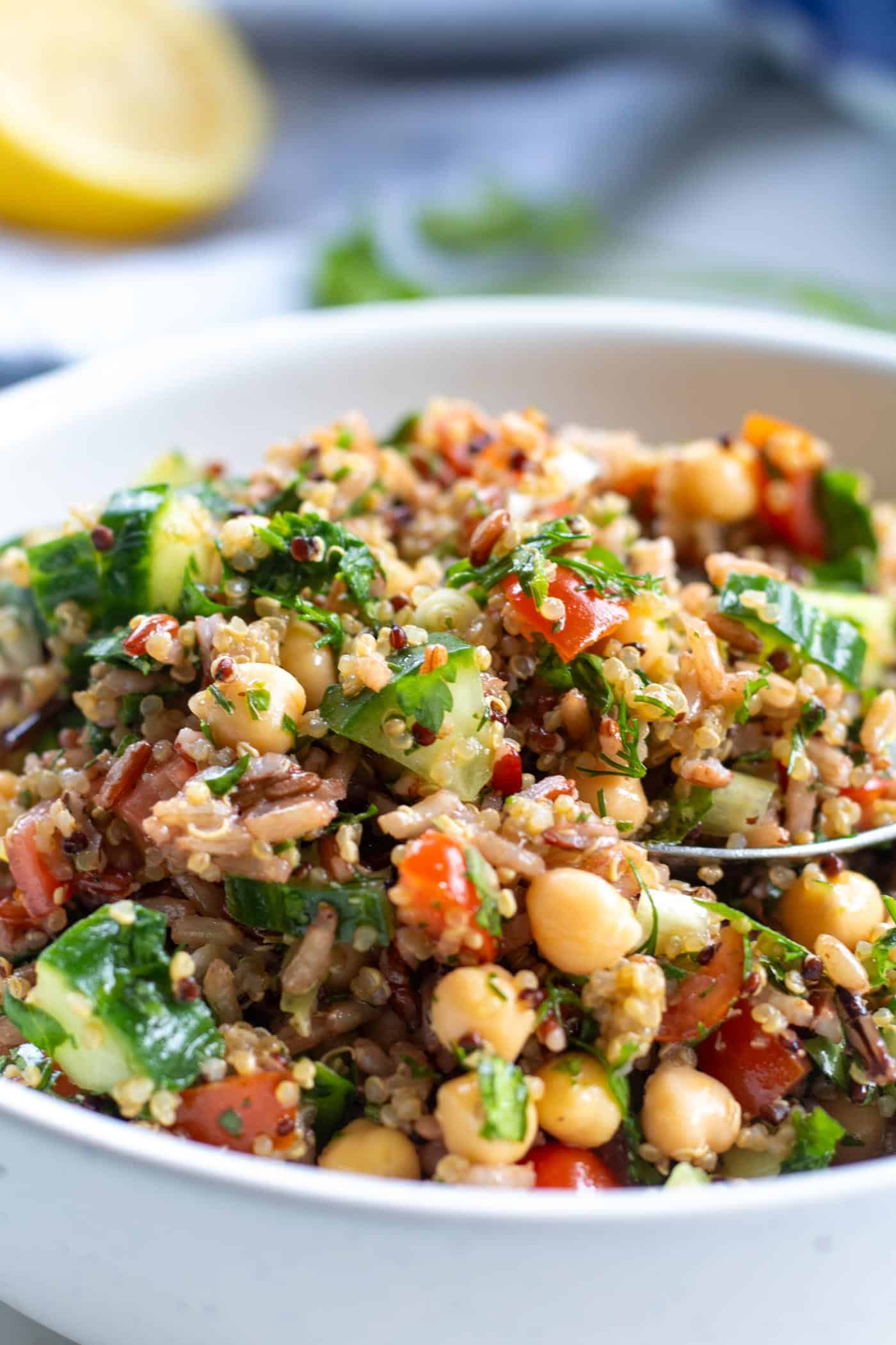closeup of brown rice and quinoa salad on a spoon