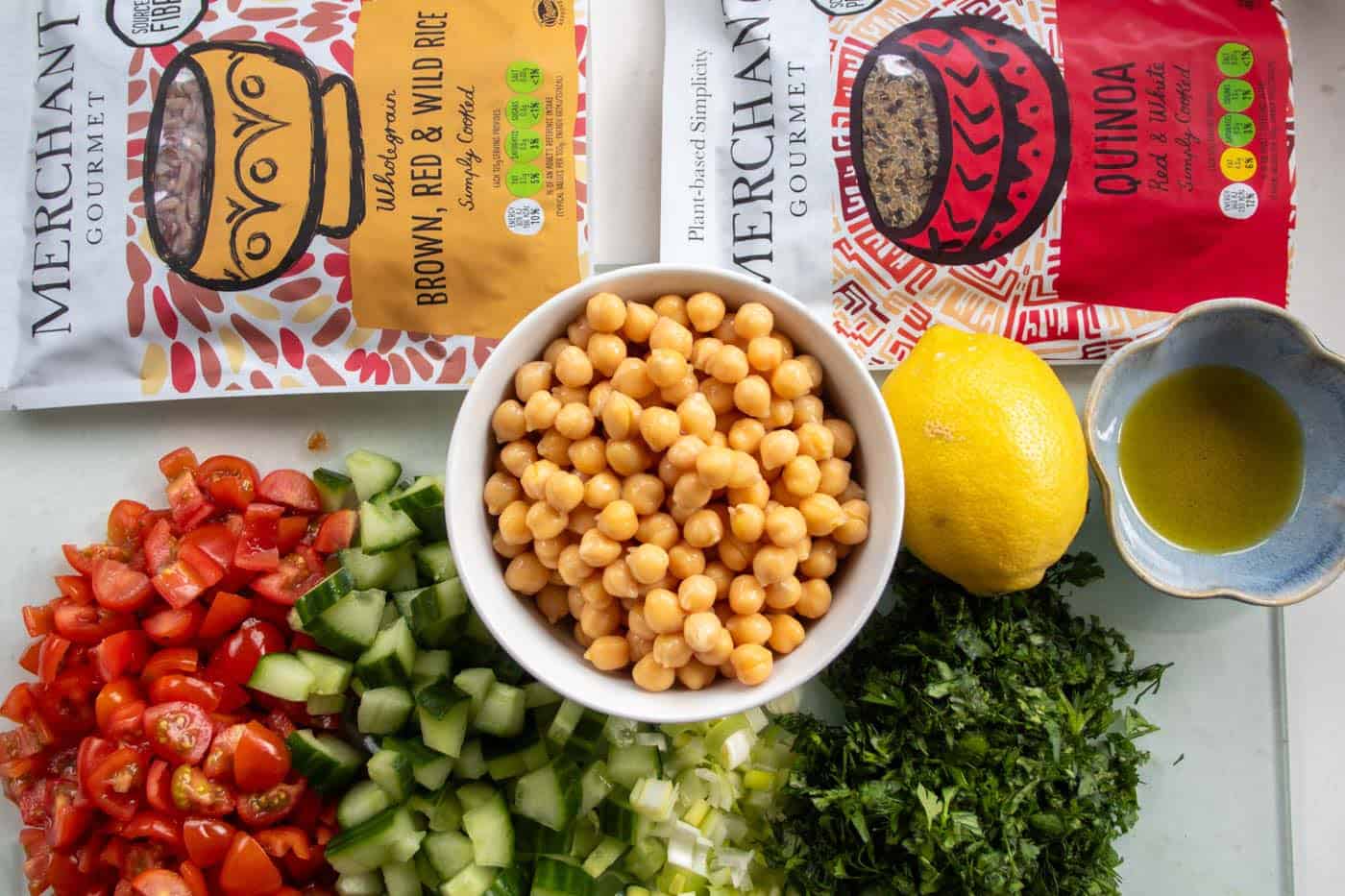 ingredients for brown rice & quinoa salad