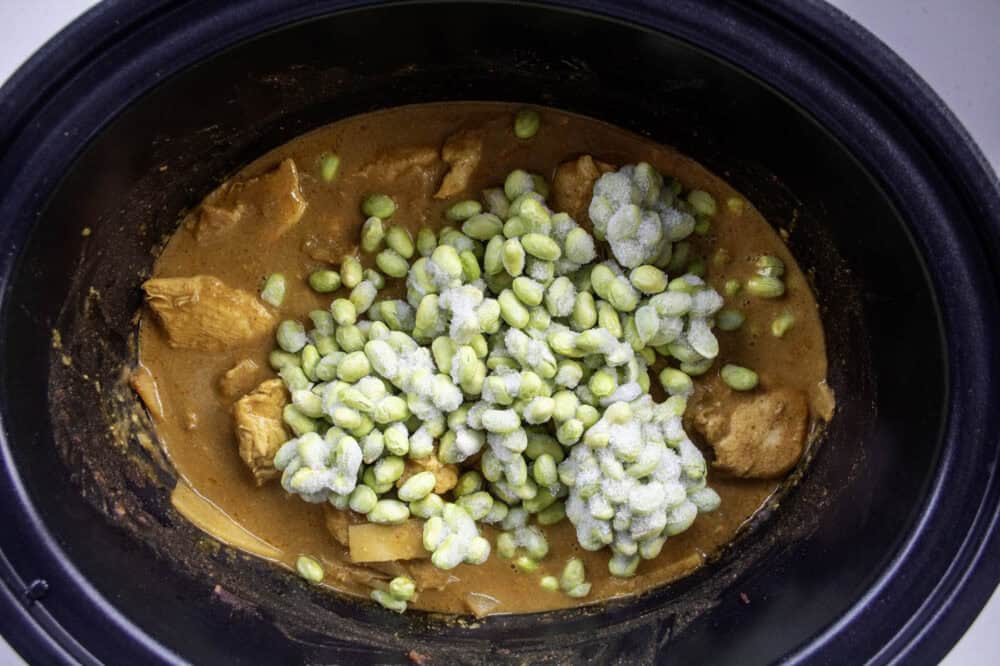 Satay curry chicken in the crockpot with the unmixed frozen edamame on top