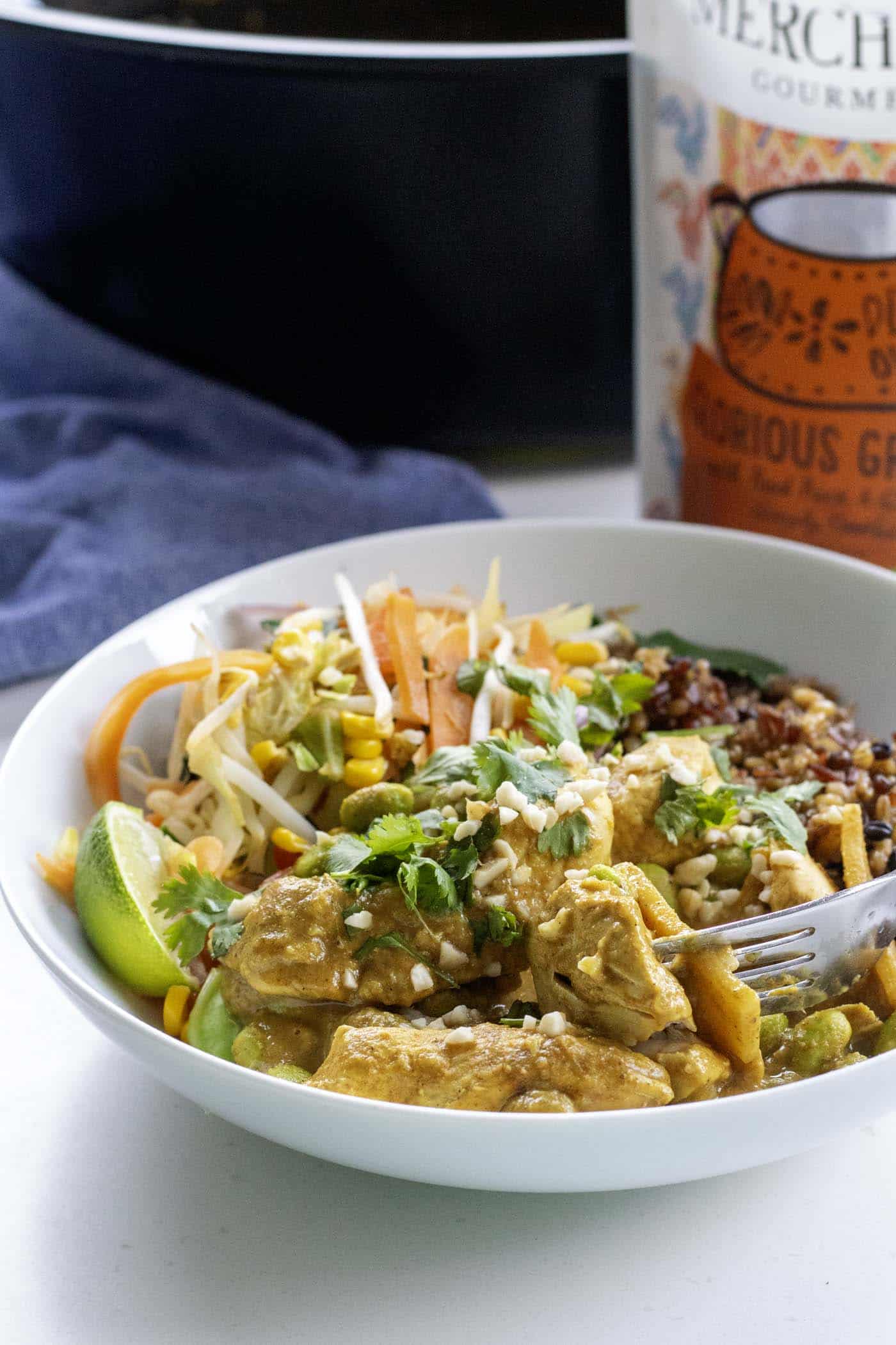 A bowl with satay chicken curry, grains, and vegetables garnished with cilantro and peanuts. A slow cooker dish and bag of merchant gourmet glorious grains in the background.