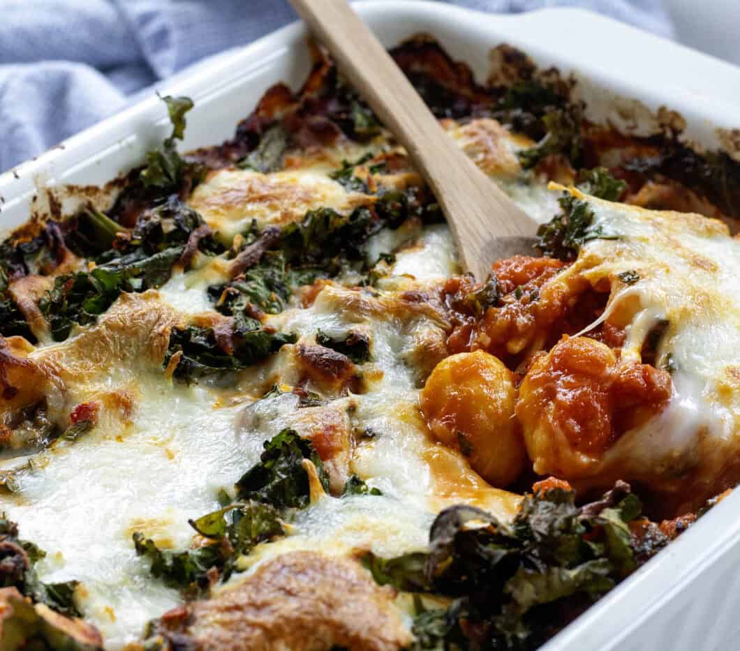 Crispy Kale Gnocchi Bake with Tomatoes