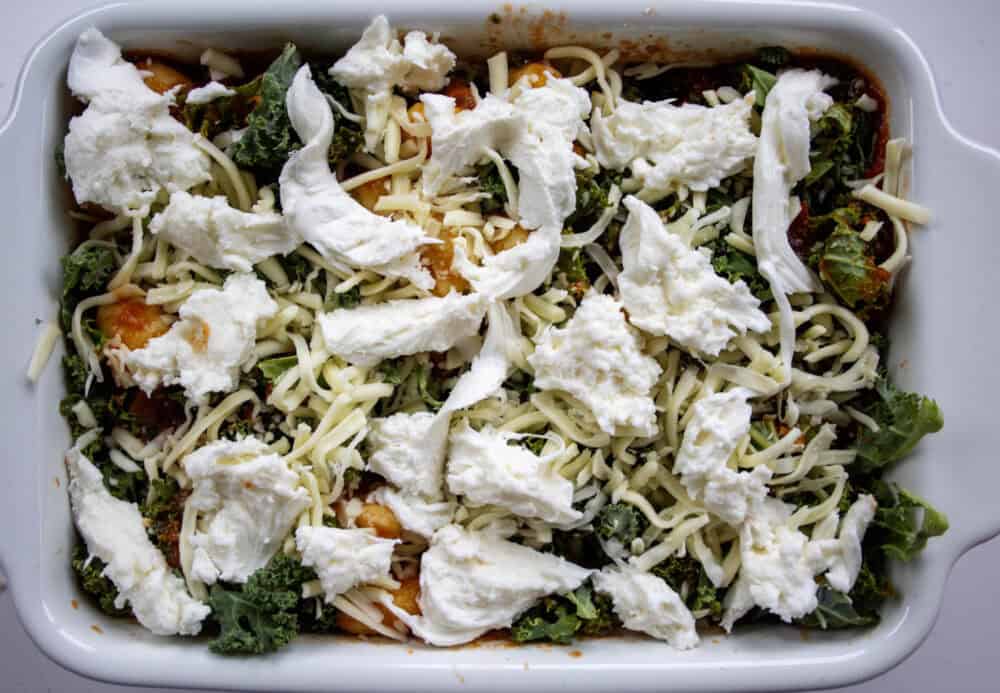 incooked gnocchi bake with ripped mozeralla and grated mozeralla on top