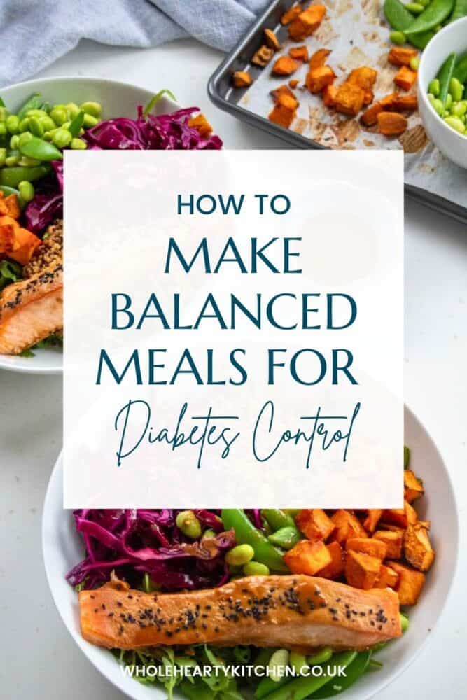 picture of balanced meal in the background with the title how to make balanced meals for diabetes control