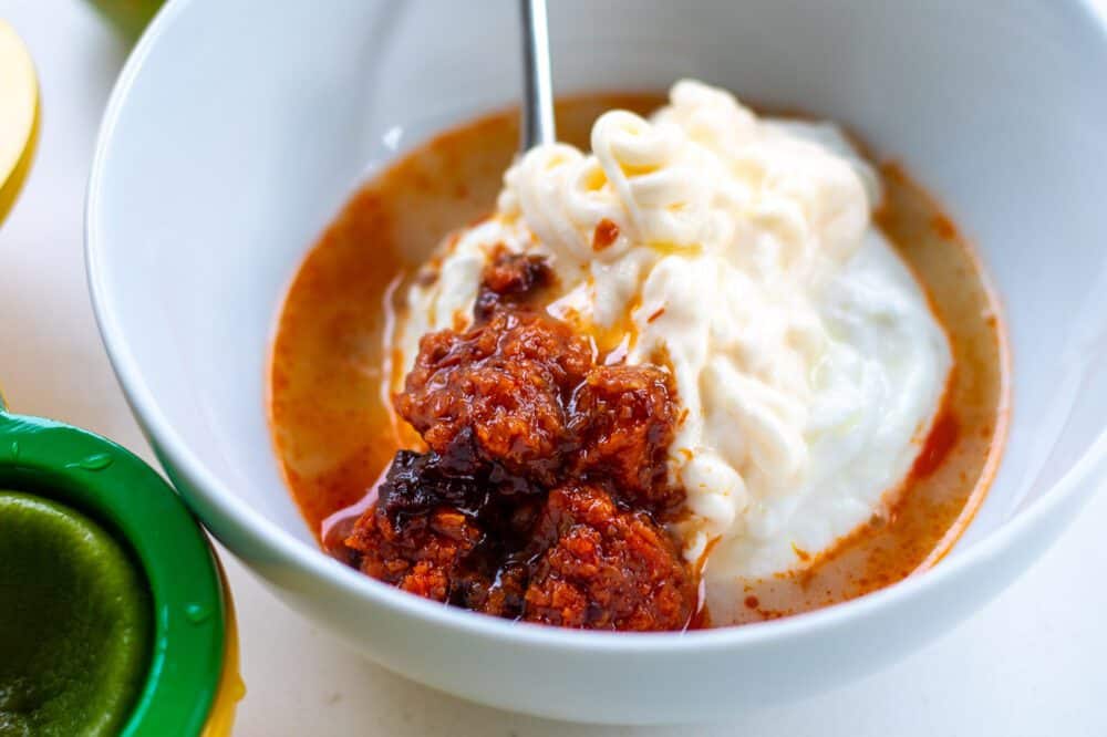 ingredients for chipotle dipping sauce in a bowl with a spoon including greek yogurt, mayonnaise, lime juice, sun dried tomato paste and chipotle paste