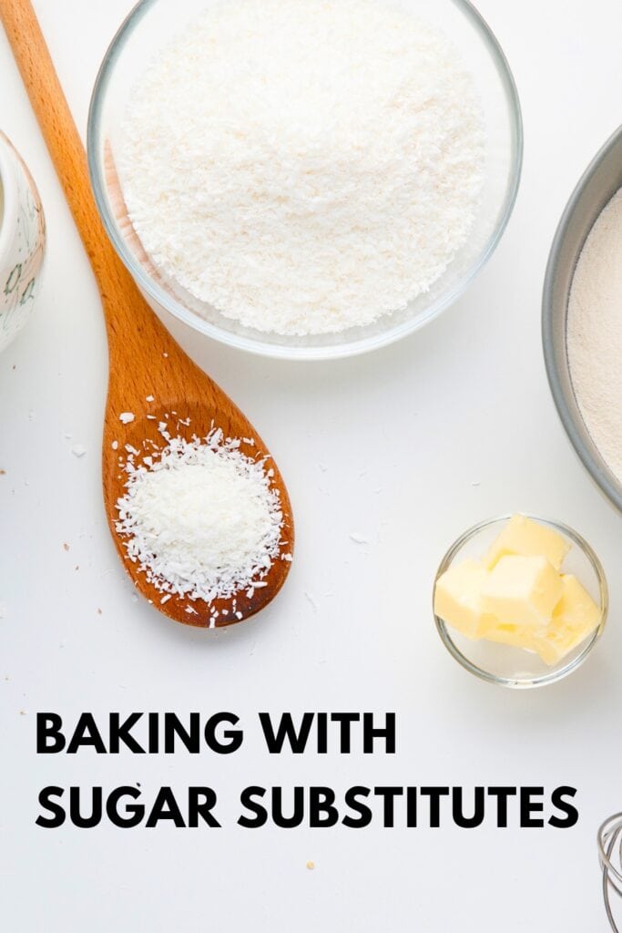 Sugar substitute and baking ingredients arranged on a white background with the title baking with sugar substitutes