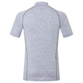 Light gray athletic short-sleeve performance shirt with moisture-wicking fabric.