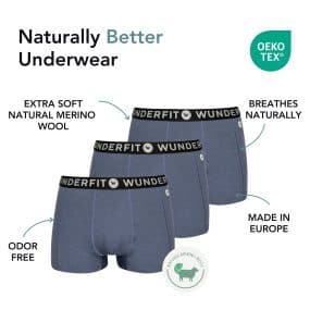 Wunderfit merino wool boxer shorts in blue, breathable, odor-resistant and made in Europe.