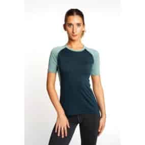womens short sleeve color block merino wool shirt