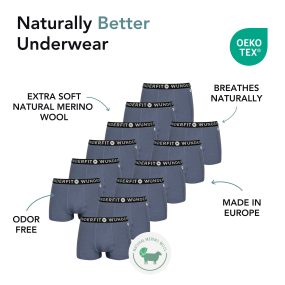 Wunderfit merino wool boxer shorts in blue, breathable, odor-resistant and made in Europe.