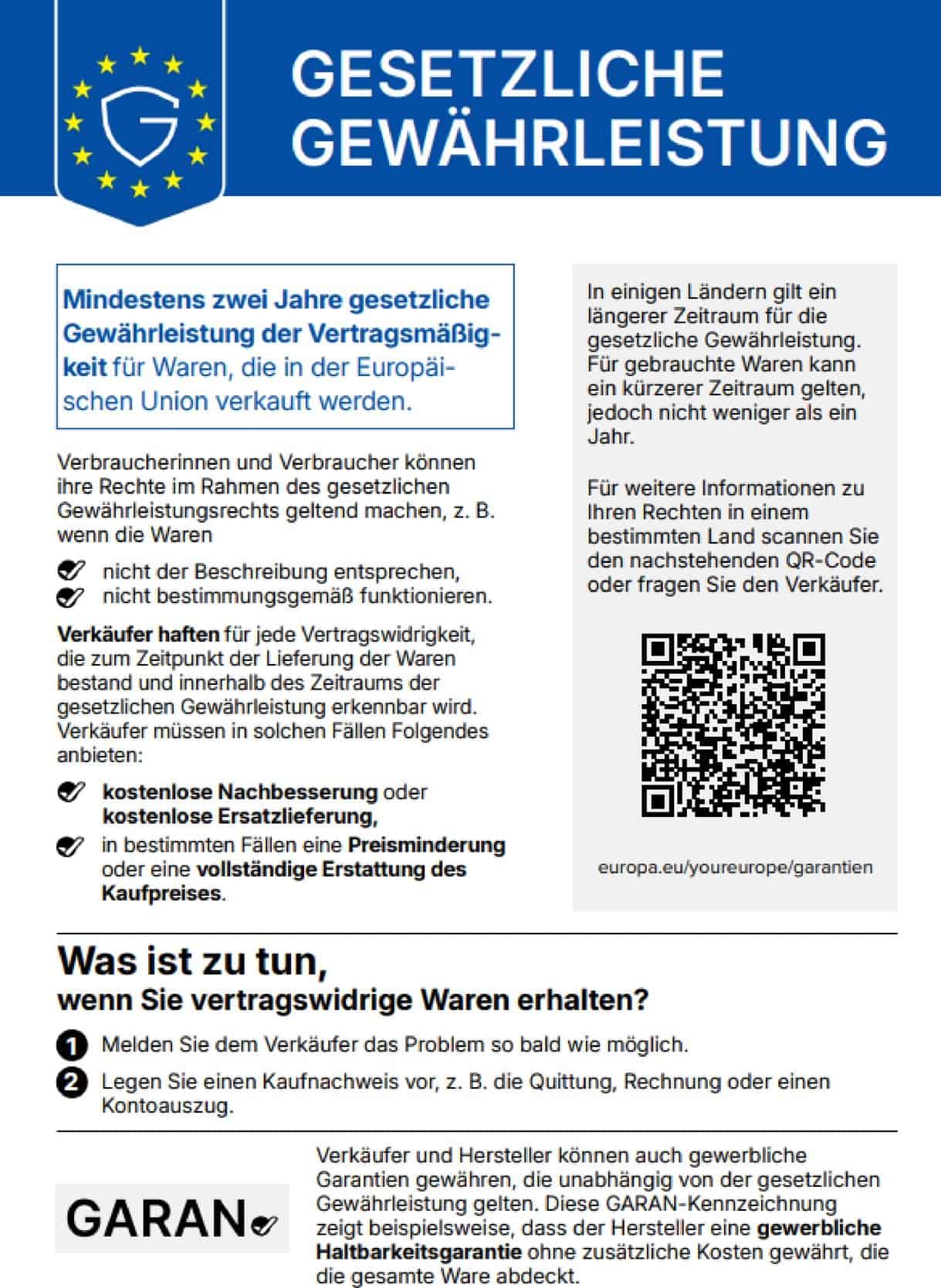 Hinweis zum gesetzlichen Gewährleistungsrecht: Sie haben einen gesetzlichen Anspruch auf Gewährleistung von mindestens 2 Jahren. Bei Mängeln haben Sie Anspruch auf Reparatur oder Ersatz, gegebenenfalls auf Preisminderung oder Vertragsauflösung.