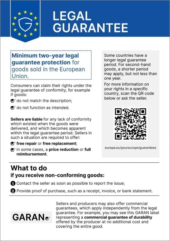 Notice on the statutory legal guarantee: You are legally entitled to a guarantee of conformity of at least 2 years. If goods are faulty, you are entitled to have them repaired or replaced, or, where applicable, to a price reduction or termination of the contract.