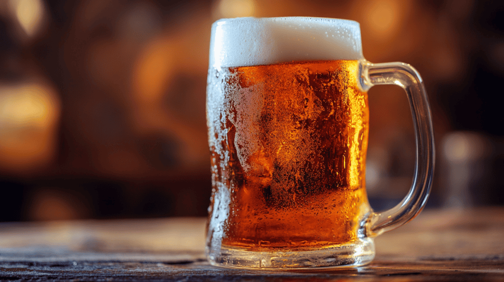 A frosty glass mug filled with amber beer and topped with a foamy head sits on a wooden table, evoking memories of lively drinking songs in the blurred, warm-toned background.
