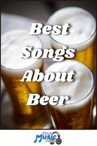 Three glasses of beer with foam viewed from above, overlaid with "Best Songs About Beer" text and the "Your Music Depot" logo at the bottom. Perfect for any playlist featuring top Songs About Beer.