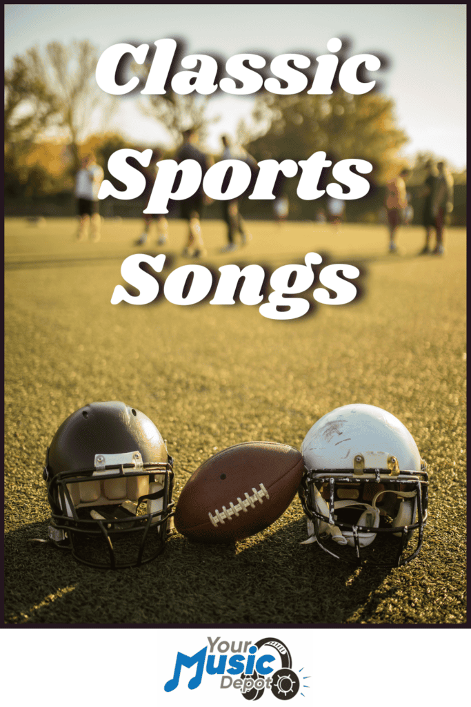 Two football helmets and a football rest on the field, with blurred people in the background. Text reads "Classic Football Songs." Logo at bottom says "Your Music Depot.