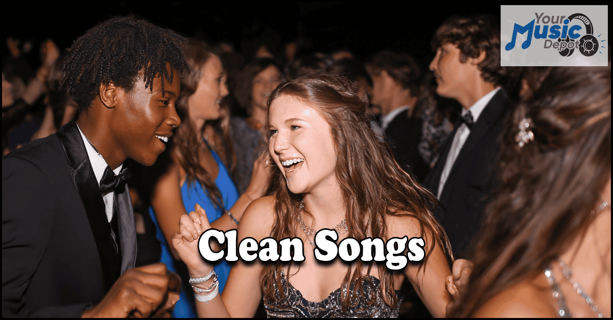 A group of teenagers dressed formally dance and smile at a party, enjoying the latest Clean Songs. The words “Clean Songs” are overlaid on the image, with a music logo in the corner.
