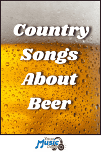 A close-up of a beer with foam and bubbles, overlaid with the text "Songs About Beer" and a "Your Music Depot" logo at the bottom.