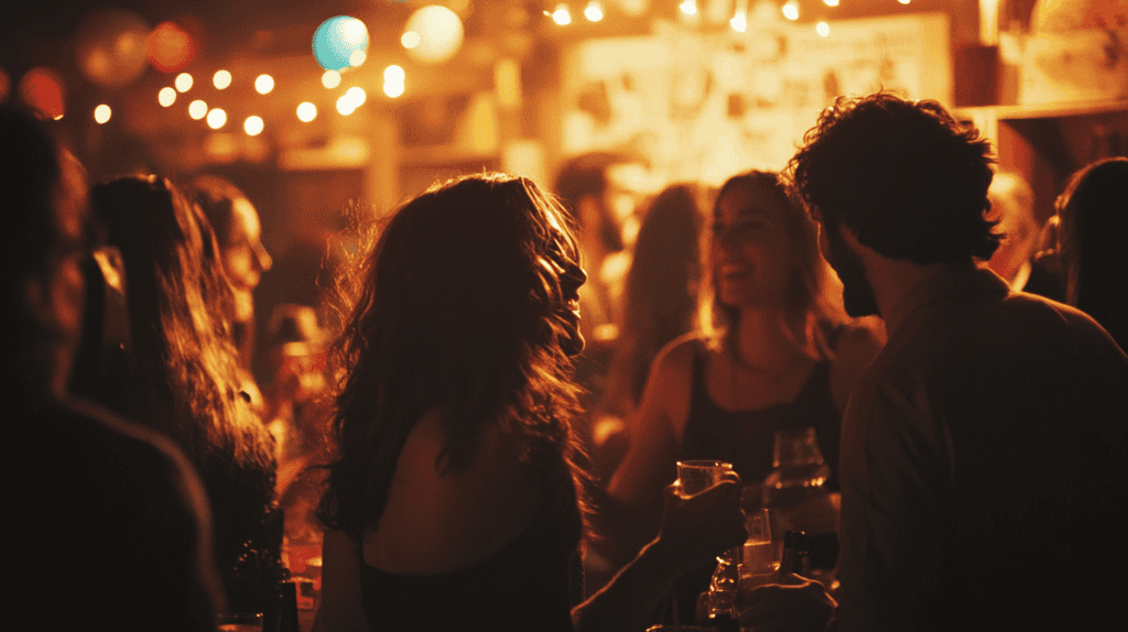 People socializing at a lively indoor party with string lights and colorful decorations, holding drinks and singing classic drinking songs, chatting in a warm, festive atmosphere.
