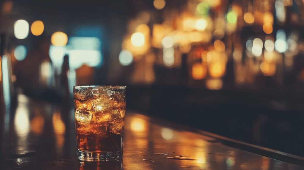 A glass of dark liquor with ice sits on a reflective bar counter, while blurred colorful lights in the background set the mood for classic drinking songs.