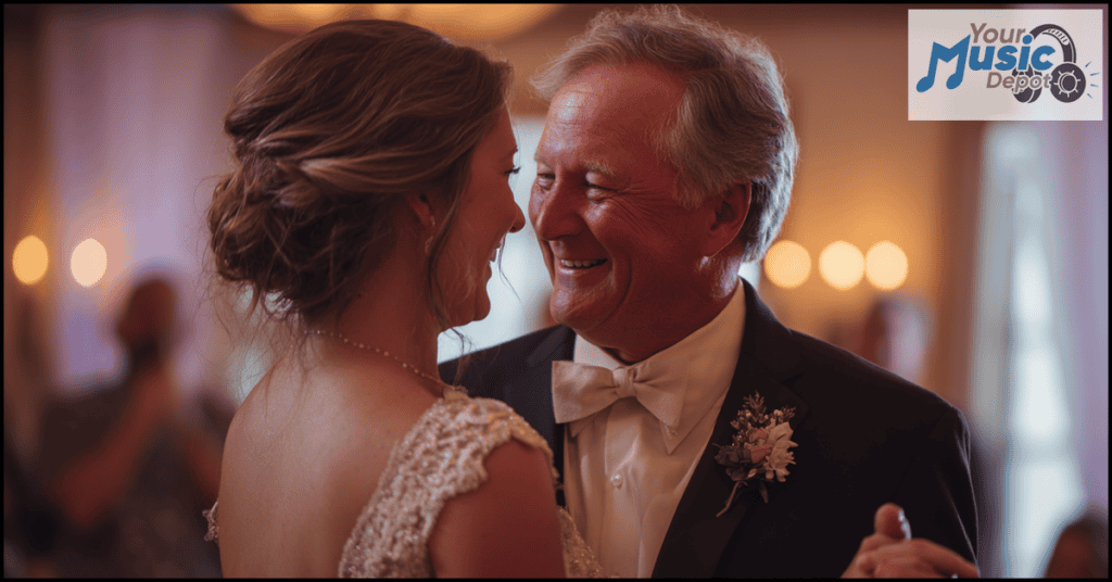 A bride and an older man, likely her father, smile at each other while dancing to one of the classic Father Daughter Dance Songs at a wedding reception. The logo "Your Music Depot" appears in the top right corner.
