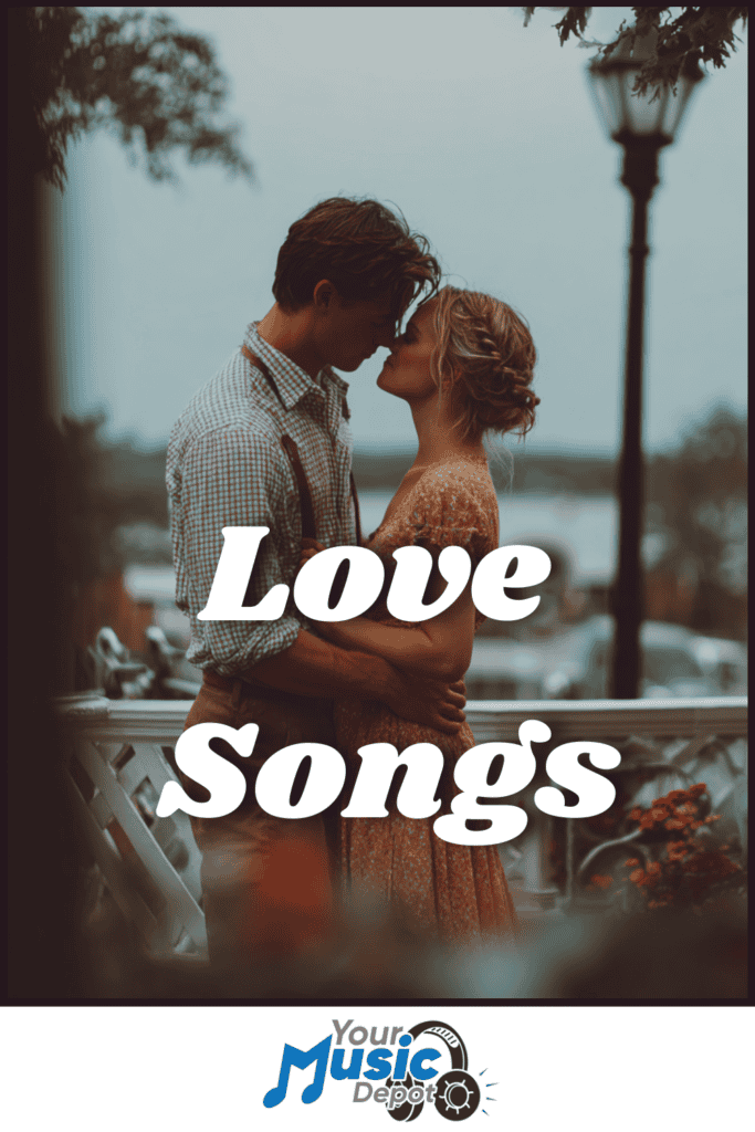 A couple stands close together on a balcony at dusk, sharing an intimate moment beneath the bold "Love Songs" title, with the Your Music Depot logo at the bottom.