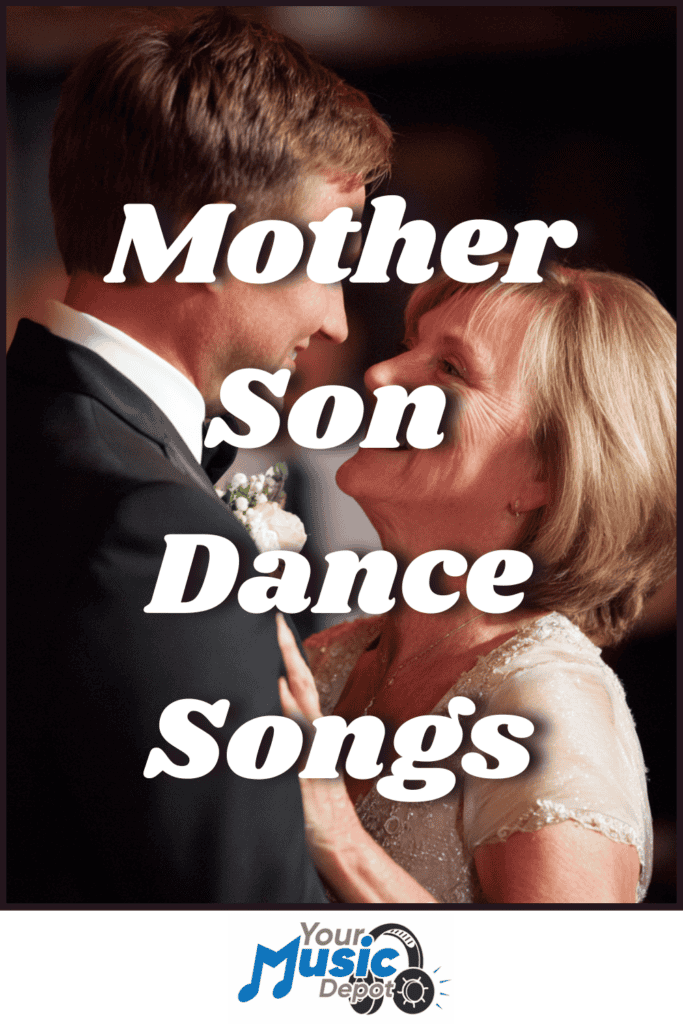 A mother and son smile at each other while dancing at a formal event, with "Mother Son Dance Songs" elegantly displayed on the image-capturing a heartwarming moment perfect for any special playlist.