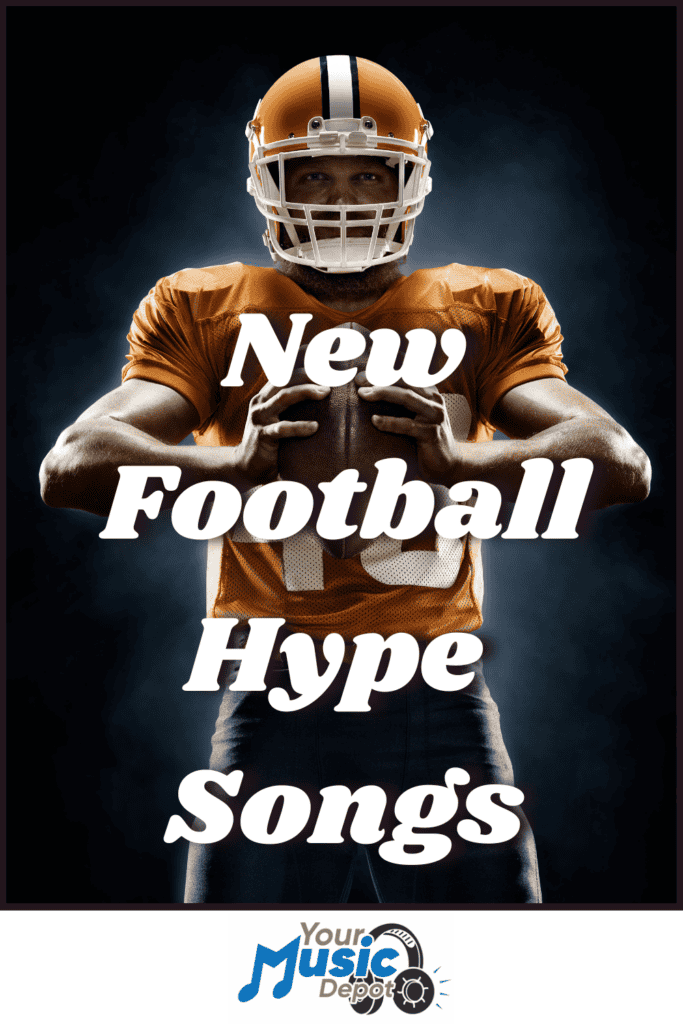 A football player in uniform holds a ball with the bold text "New Football Songs Hype" and a "Your Music Depot" logo at the bottom.