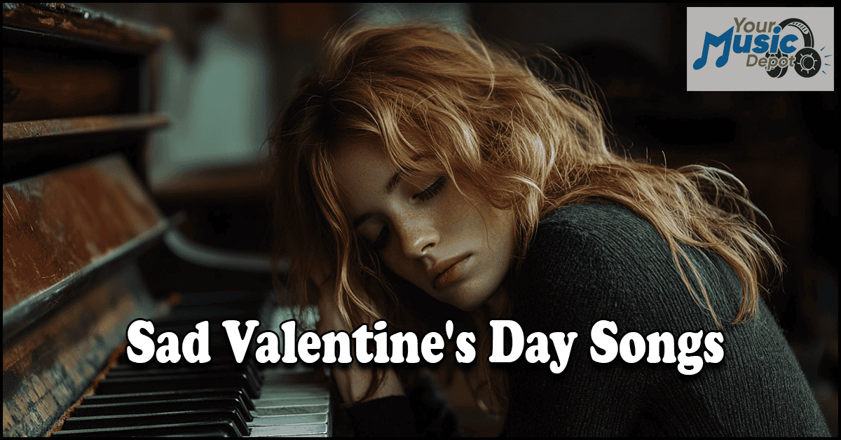 A red-haired individual leans on a piano, eyes closed, beneath text that reads "Tearjerker Love Songs" alongside the "Your Music Depot" logo featuring a music note and gear.