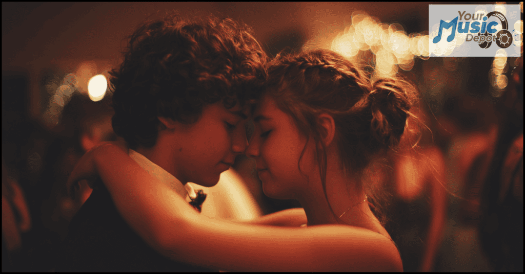 Two teenagers swaying to slow songs, dancing closely with their foreheads touching at a formal event, soft lights glowing and a "Your Music Depot" logo in the background.