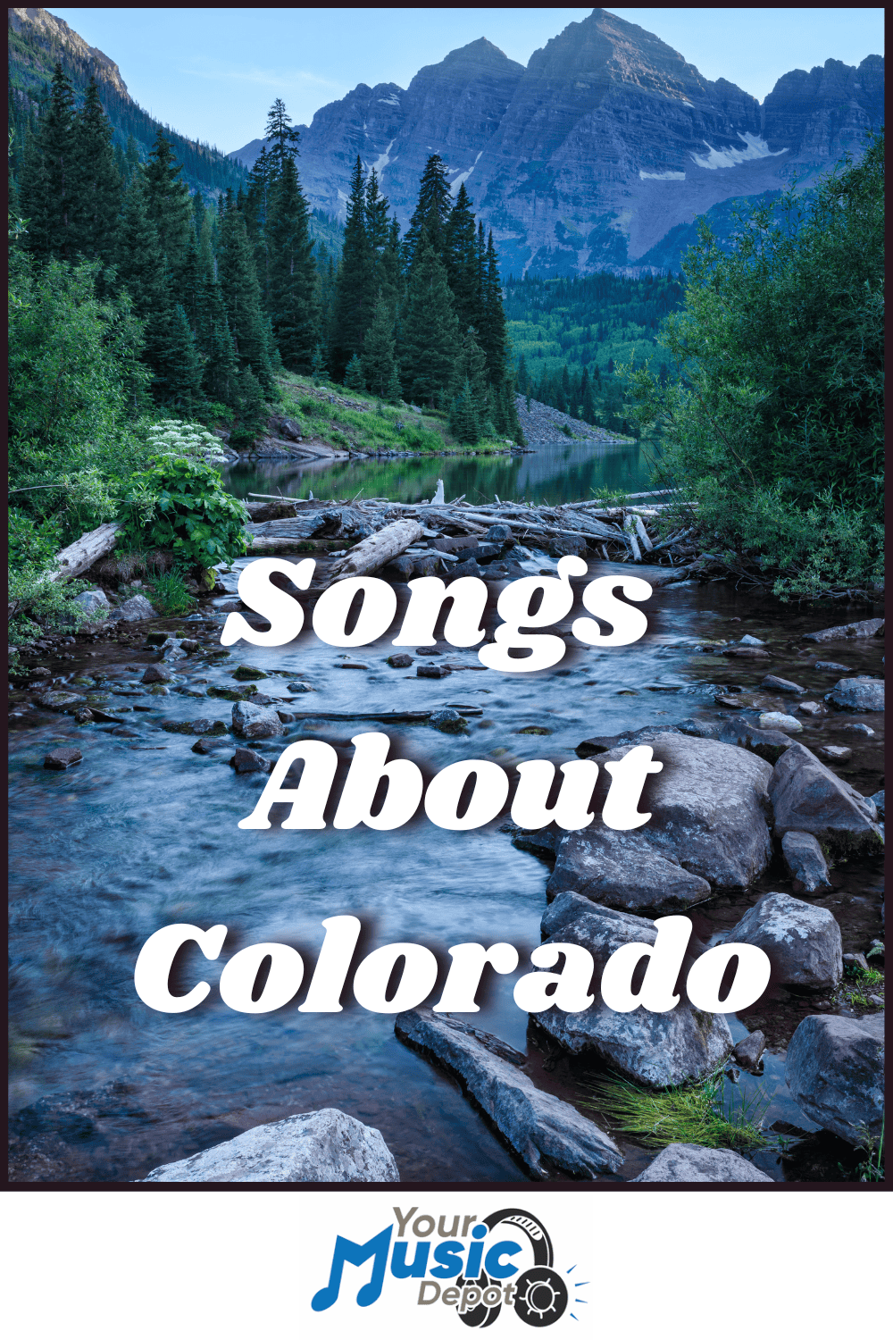 A rocky mountain stream with pine trees and peaks at sunset, overlaid with 