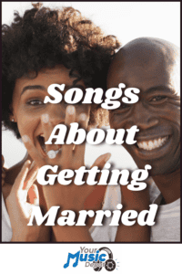 A smiling couple appears excited, with the text "Songs About Getting Married" overlaid. Celebrate love and joy with Your Music Depot’s best songs about getting married—the perfect soundtrack for your special day. Logo featured at the bottom.
