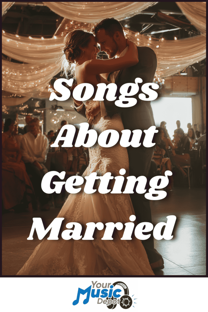 Bride and groom dancing at their wedding reception under string lights, with guests seated in the background. Text reads: "Songs About Getting Married" - perfect tunes for your special day.