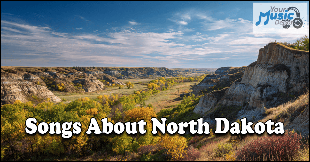 A scenic Badlands landscape with a river and autumn trees, overlaid with the text "Songs About North Dakota," highlights state songs and prairie songs, with a "Your Music Depot" logo in the corner.