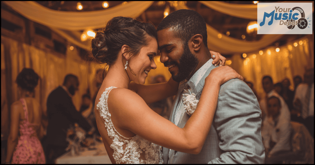 A bride and groom smile and embrace while dancing at their wedding reception, with guests seated in the background and string lights overhead, as Songs About Getting Married play softly to set the perfect romantic mood.