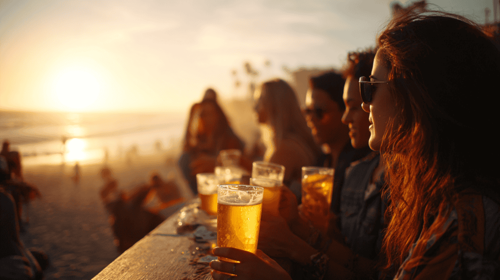 People sit at a beachside bar at sunset, holding glasses of beer, as songs about drinking play softly and the sun sets over the ocean in the background.