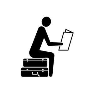 icon of a stick figure person sitting on two suitcases reading paper