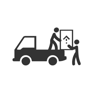 delivery truck icon with two stick figures removing a large box