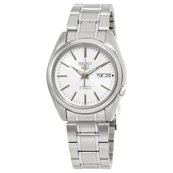 seiko men's snkl41 5 automatic stainless steel bracelet white dial day date watch