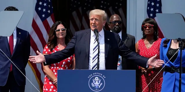 Former President Donald Trump speaks at Trump National Golf Club in Bedminster, NJ, Wednesday, July 7, 2021. (AP Photo/Seth Wenig)