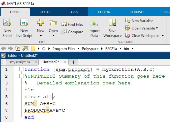 Scripts and Functions in Matlab explained with Example Codes