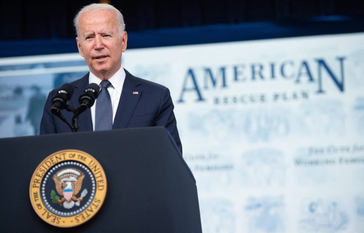 US President Joe Biden promotes the US rescue plan at an event at the Eisenhower Executive Office Building in Washington, DC, July 15, 2021.
