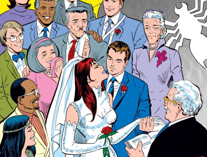 Peter Parker and Mary Jane are married, to J. Jonah Jameson, Aunt May, and other Spider-Man characters in Amazing Spider-Man Annual #21 (1987). 