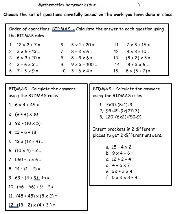 bidmas bodmas homework or worksheet with answers lesson planned