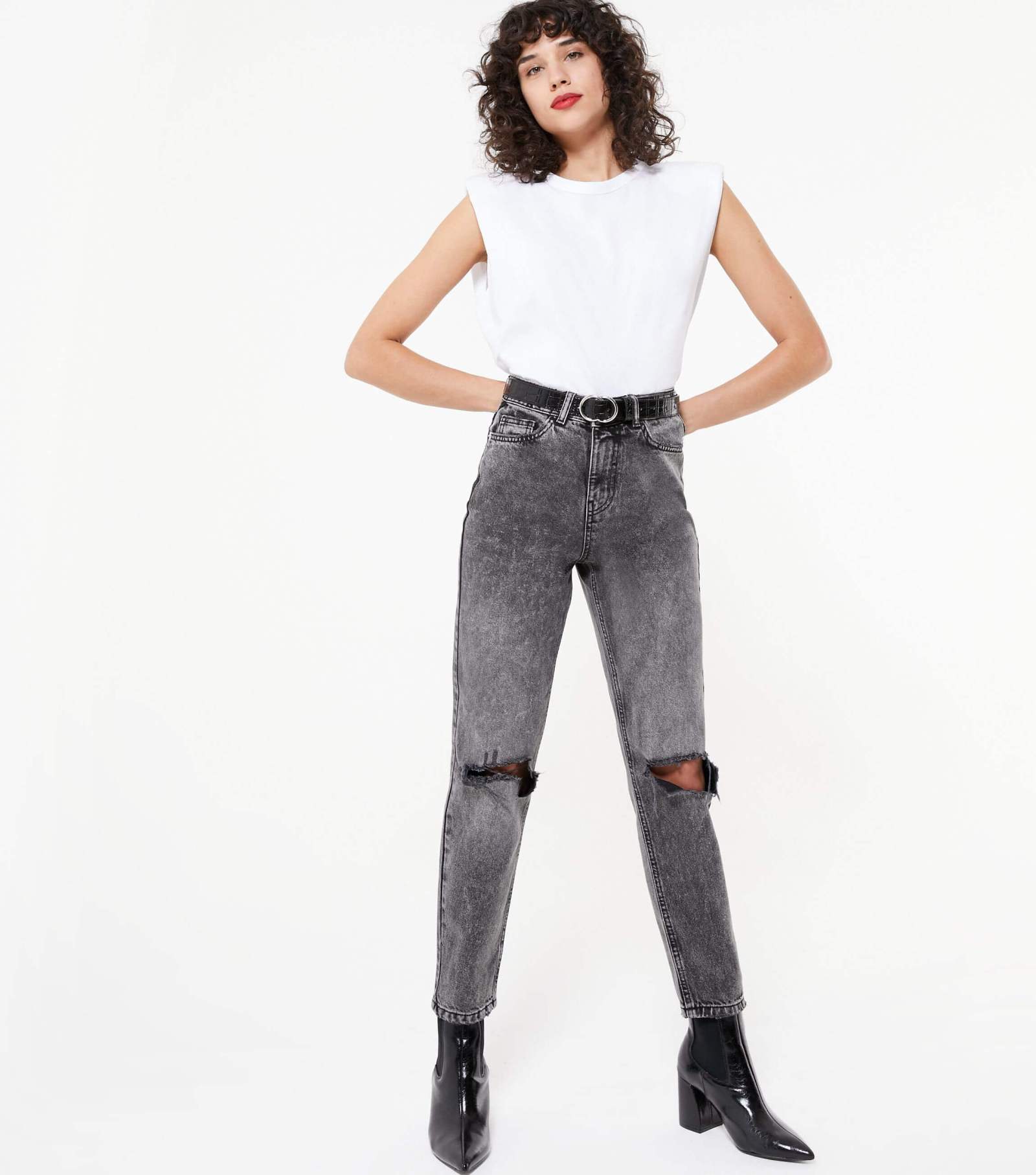 blue ripped high waist tori mom jeans