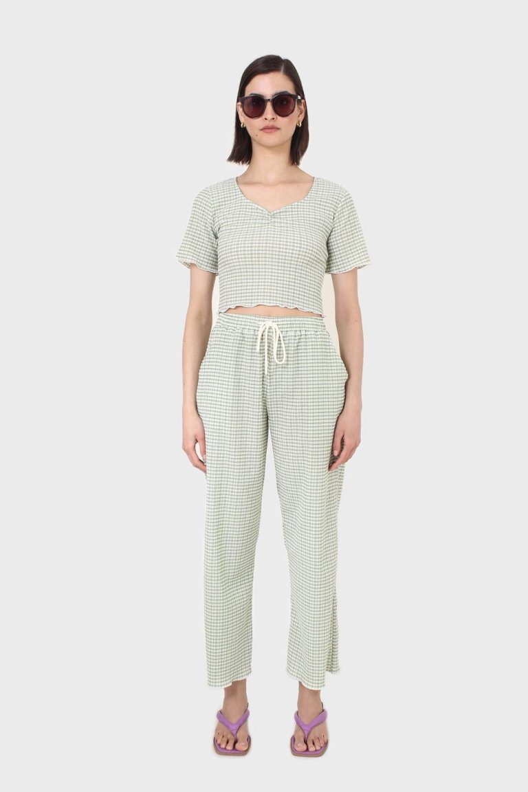 green gingham trousers